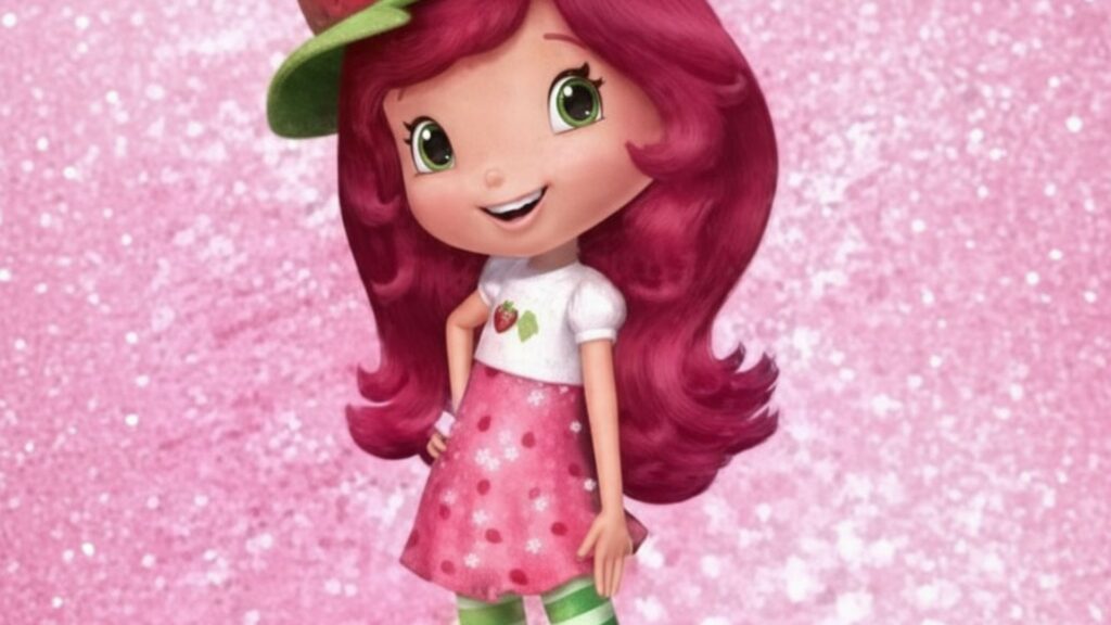 Glitter sparkle background with cheerful pose strawberry shortcake cartoon wallpaper