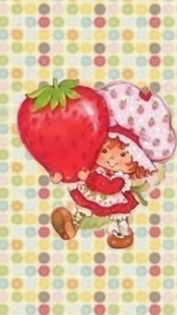 Holding strawberry with rainbow dots backdrop strawberry shortcake cartoon wallpaper