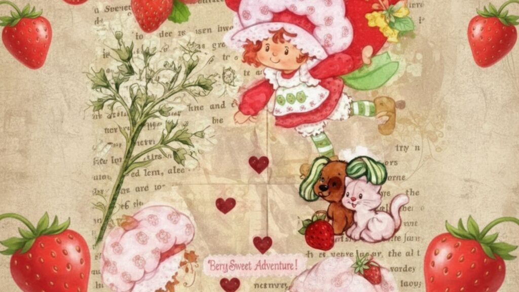 Vintage journaling scrapbook style with stickers strawberry shortcake cartoon wallpaper