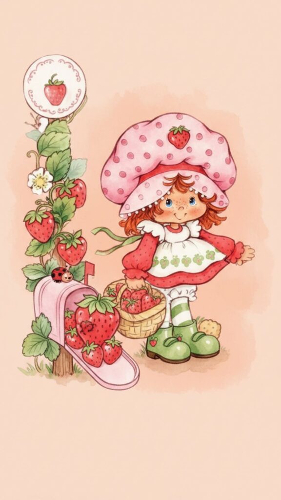 Holding a bucket full of fresh strawberries strawberry shortcake cartoon wallpaper