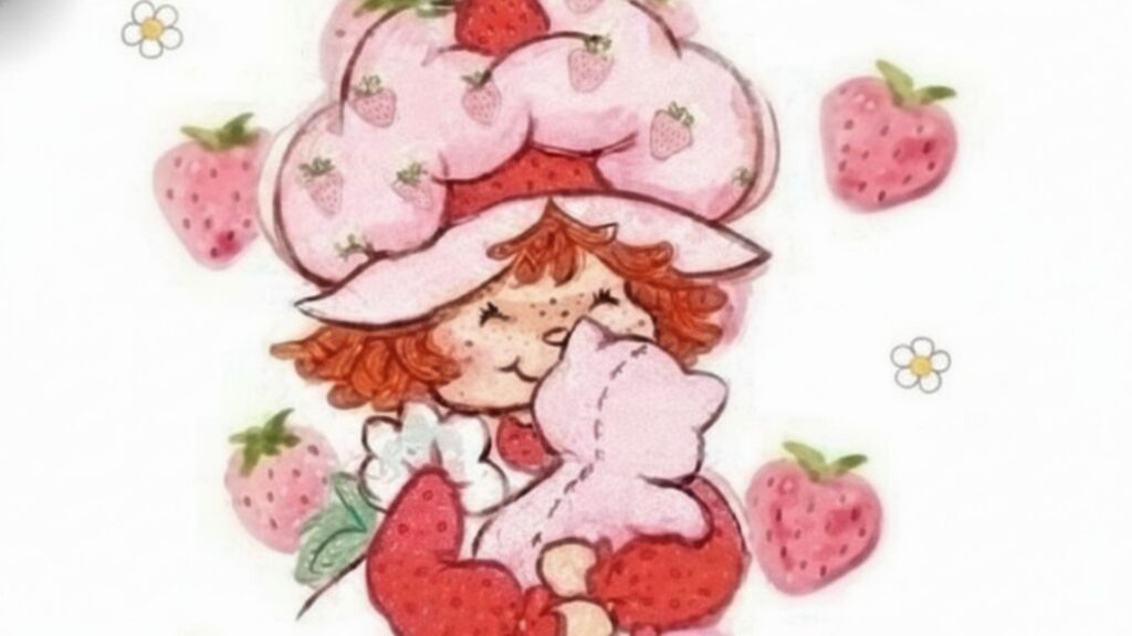 Holding a cute pink cat with pastel background strawberry shortcake cartoon wallpaper