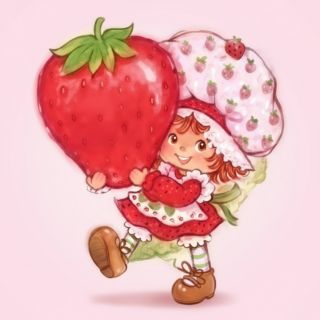 Holding a fresh strawberry with cheerful smile strawberry shortcake cartoon wallpaper