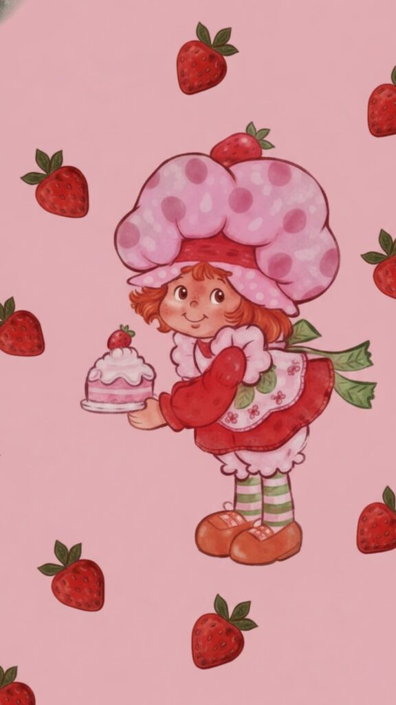 Aesthetic pastel background with cute character focus strawberry shortcake cartoon wallpaper