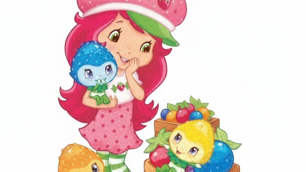 Friends standing together smiling on clean white backdrop strawberry shortcake cartoon wallpaper