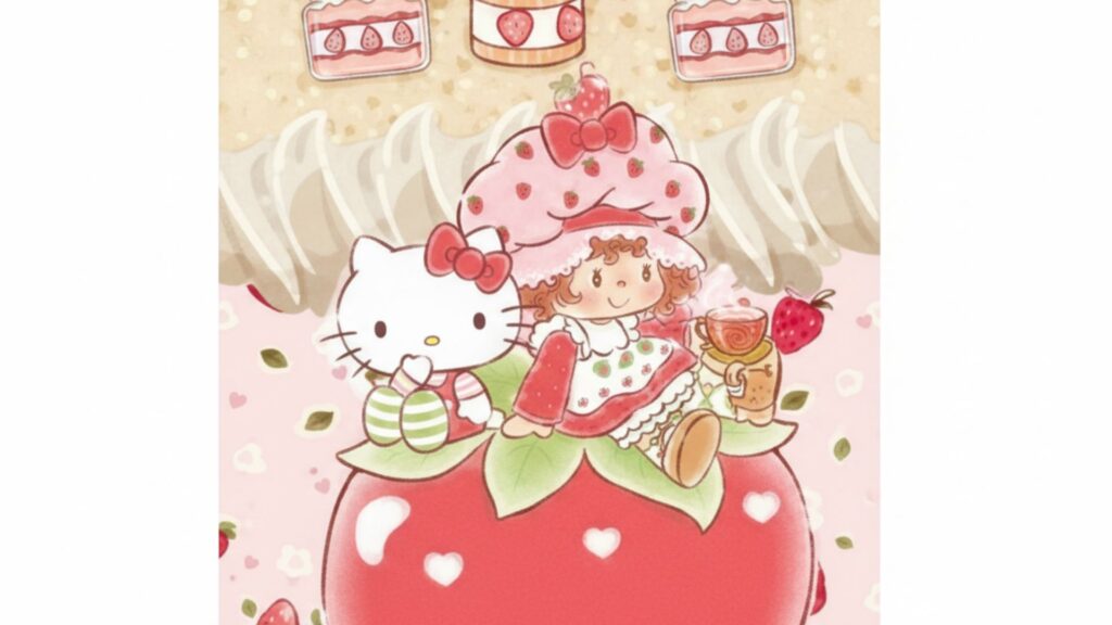 Strawberry themed cartoon character smiling in candy landscape Strawberry shortcake cartoon Wallpaper