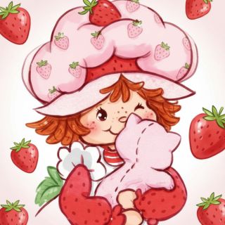 Hugging her cat with soft pink sky strawberry shortcake cartoon wallpaper