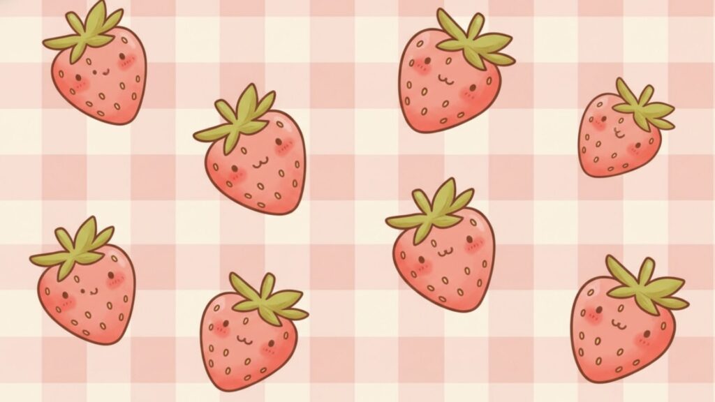 kawaii strawberries with playful expressions on pastel background – aesthetic strawberry wallpaper