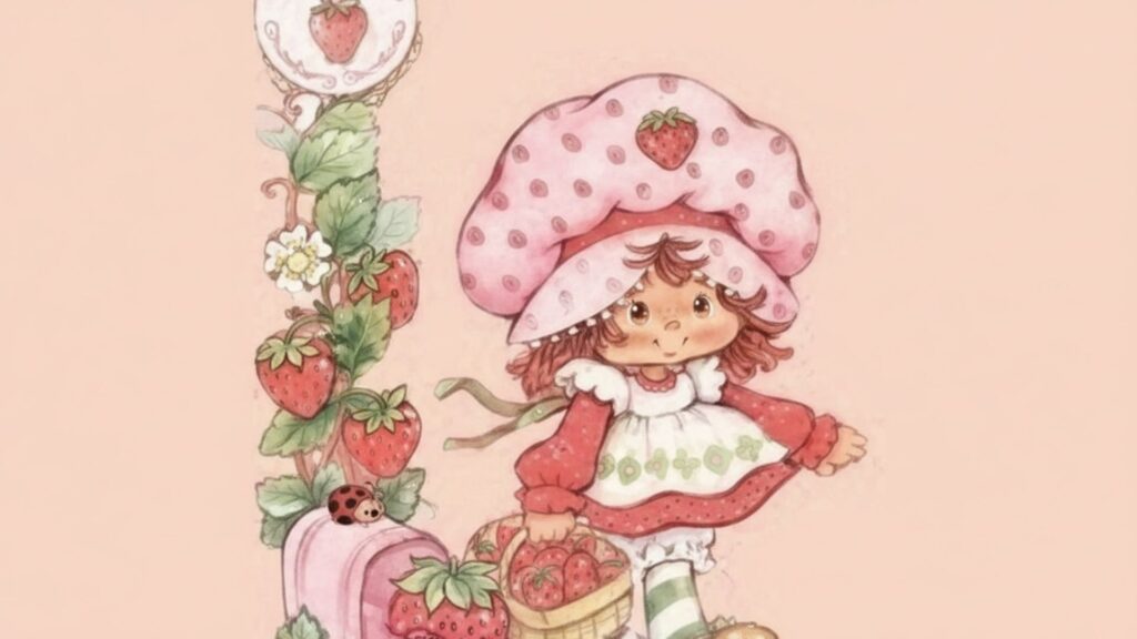 Happy strawberry character in creamy fantasy scenery Strawberry shortcake cartoon Wallpaper