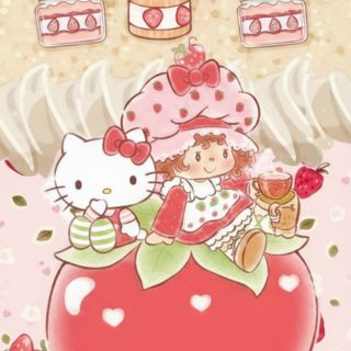 Standing beside hello kitty with friendly vibe strawberry shortcake cartoon wallpaper