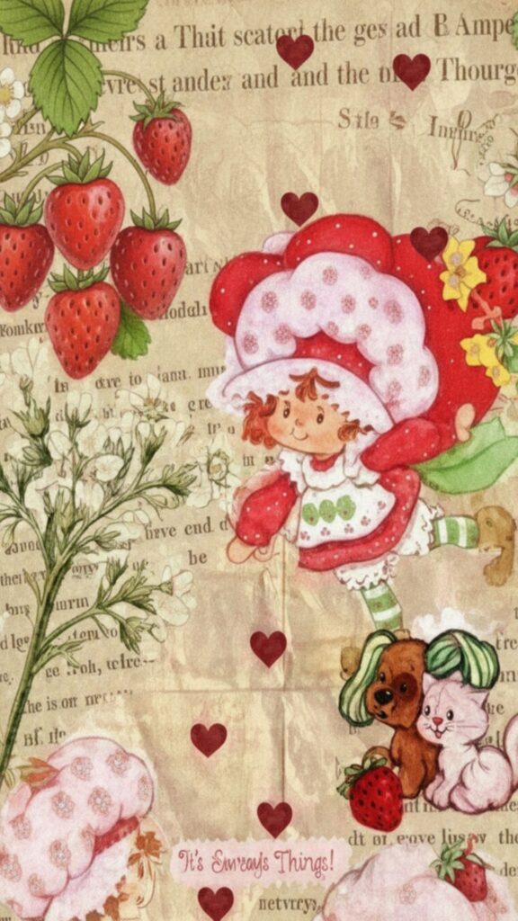 Vintage scrapbook page with cat stickers strawberry shortcake cartoon wallpaper