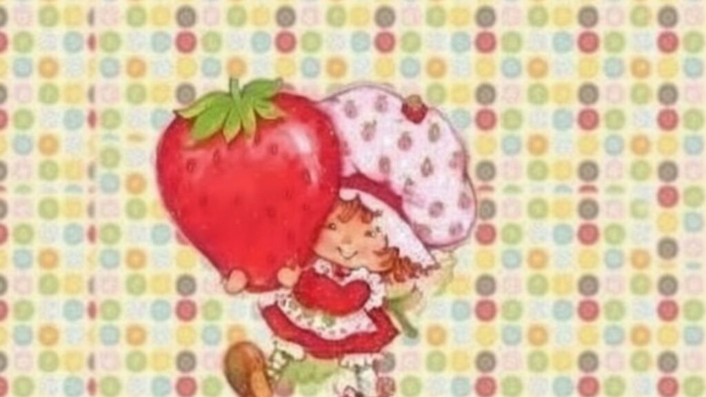 Pastel rainbow background with cheerful pose strawberry shortcake cartoon wallpaper