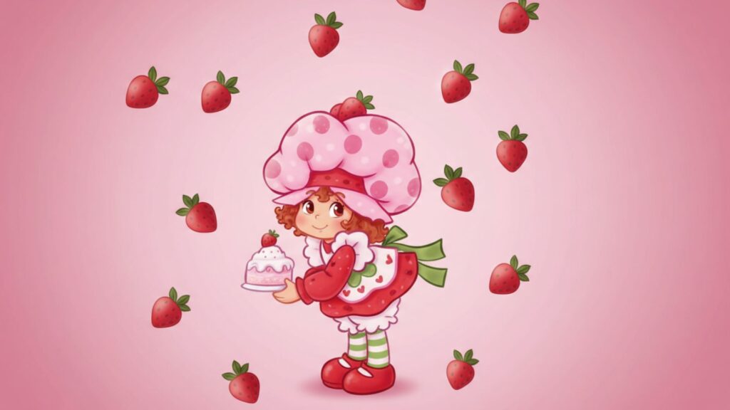 Pastel strawberry world with joyful cartoon dessert scenery Strawberry shortcake cartoon Wallpaper