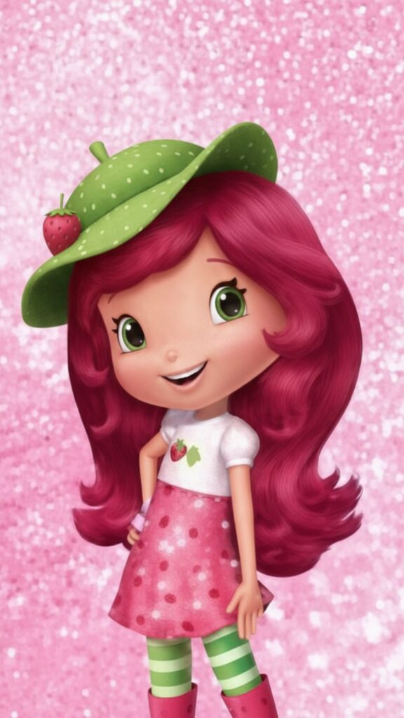 Pink glitter sparkling background with cheerful pose strawberry shortcake cartoon wallpaper