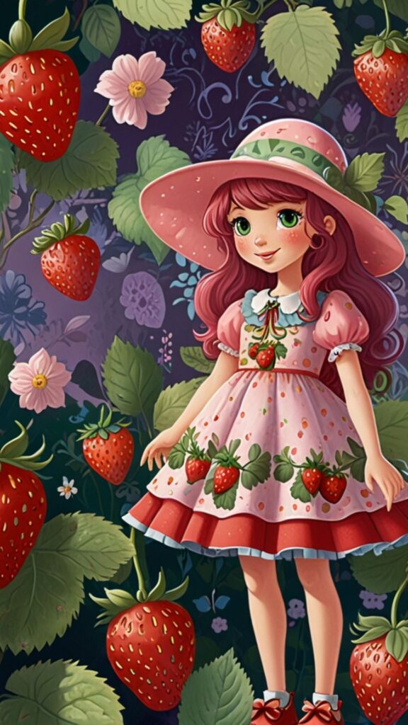 hat wearing strawberry shortcake cartoon wallpaper