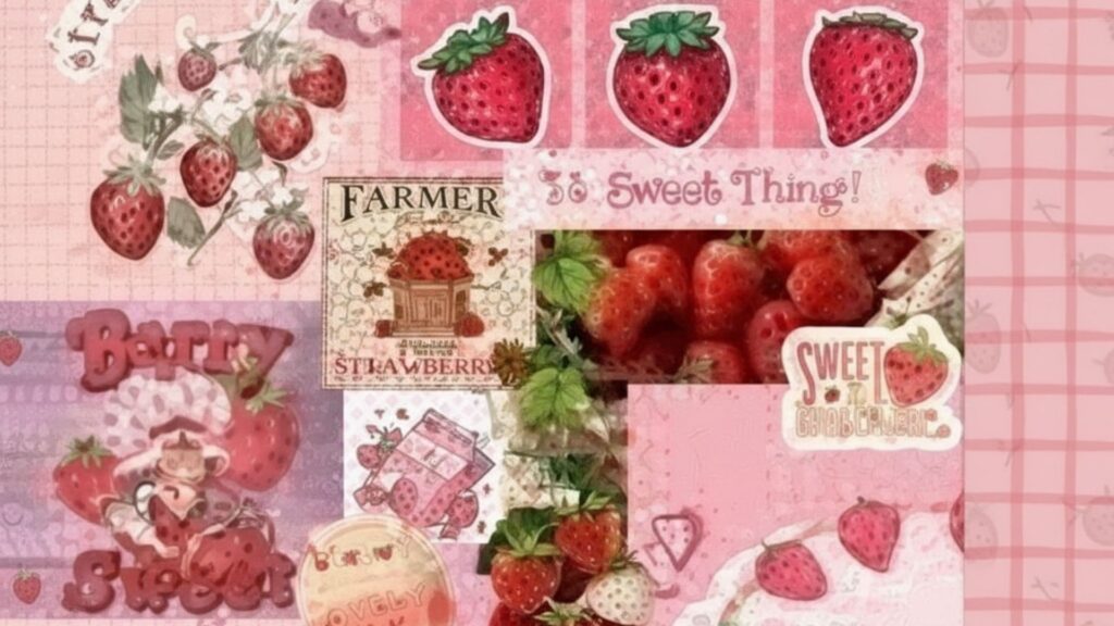 cute strawberries with pastel doodle elements – aesthetic strawberry wallpaper