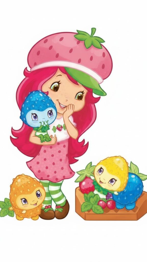 Friends laughing together on soft white background strawberry shortcake cartoon wallpaper