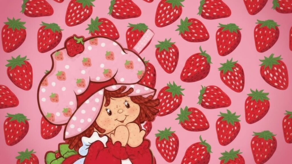 Cheerful strawberry girl surrounded by strawberries background Strawberry shortcake cartoon Wallpaper