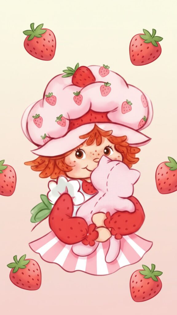 Hugging her cat with glitter sparkles around strawberry shortcake cartoon wallpaper