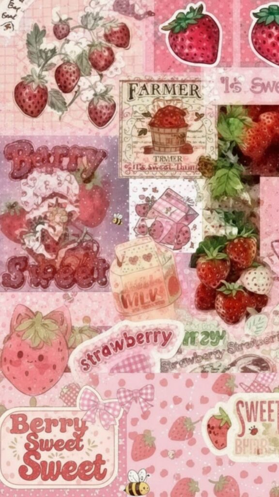 strawberries with journal doodle accents on soft pastel background – aesthetic strawberry wallpaper