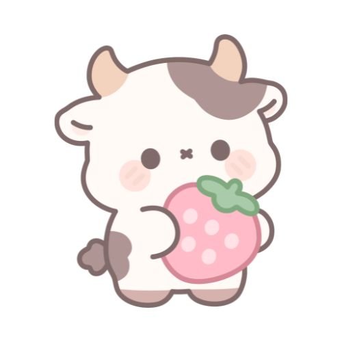 A cute cow holding a bright red strawberry