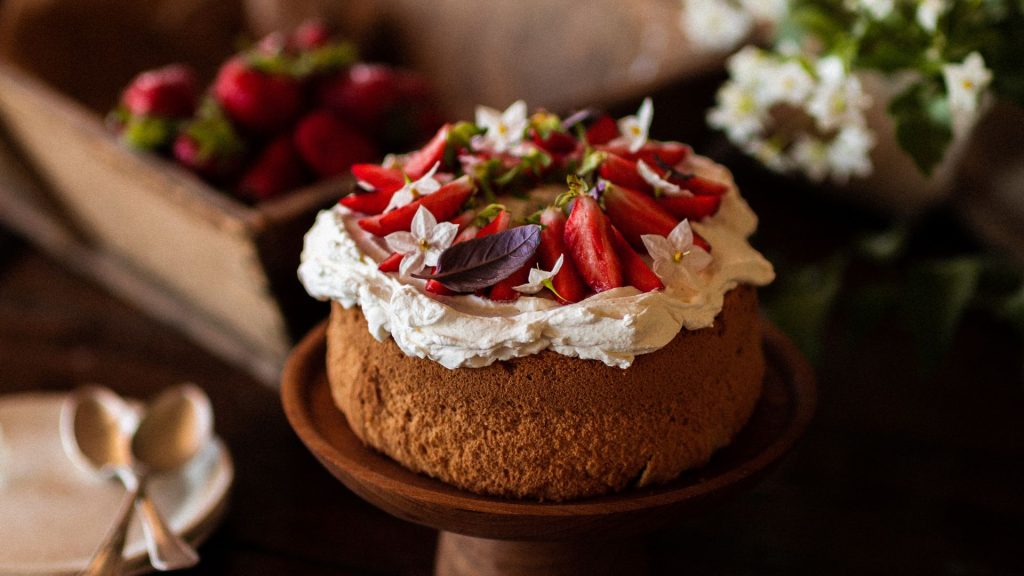 Aesthetic background with strawberry cake strawberry desktop wallpaper