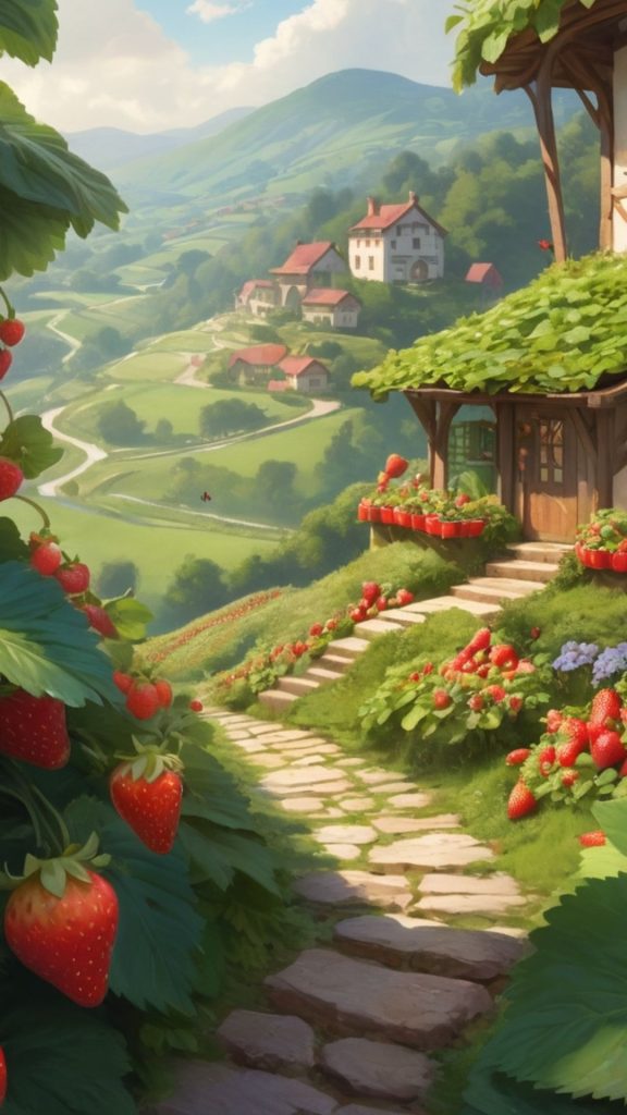 Aesthetic strawberry shortcake themed valley with houses strawberry shortcake cartoon wallpaper