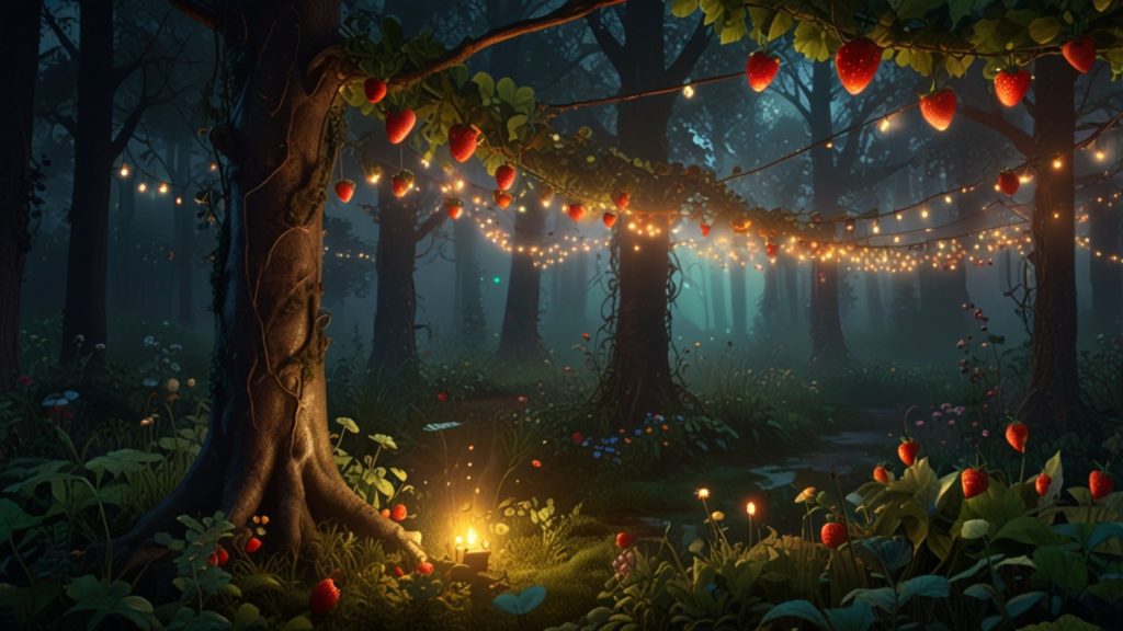 Aesthetic tree in forest with glowing strawberry lights Strawberry desktop wallpapers