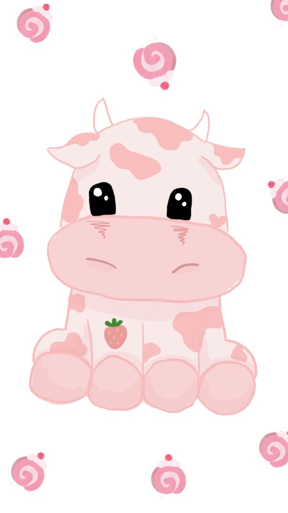 Baby moo with rolled strawberry cakes cute strawberry cow wallpaper