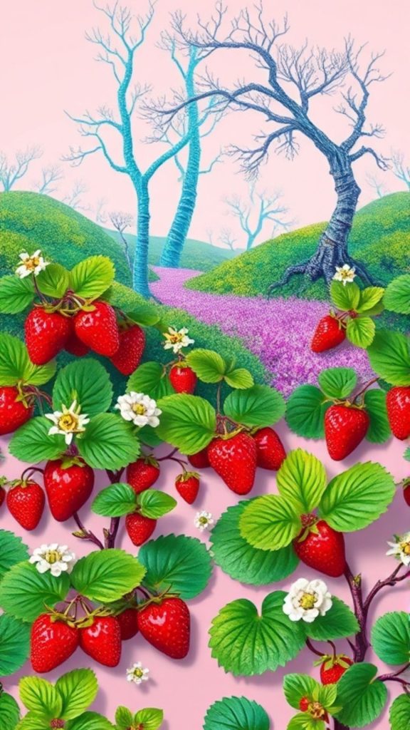 Baby pink themed strawberry farm_strawberry field wallpaper