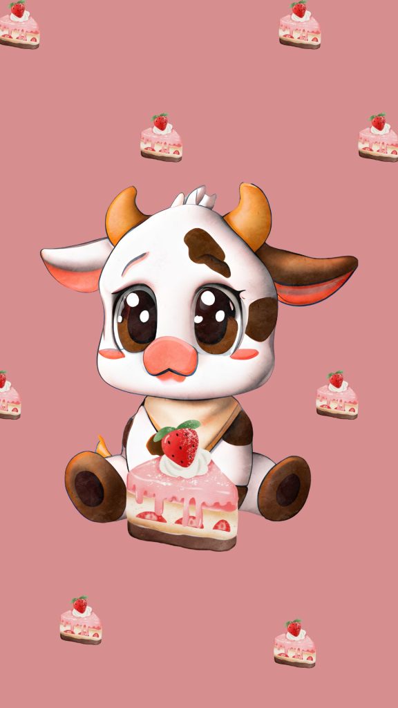 Baby strawberry cow with beautiful eyes and strawberry cake cute strawberry cow wallpaper