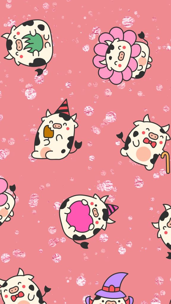 Baby strawberry cows with peach glitter background cute strawberry cow wallpaper