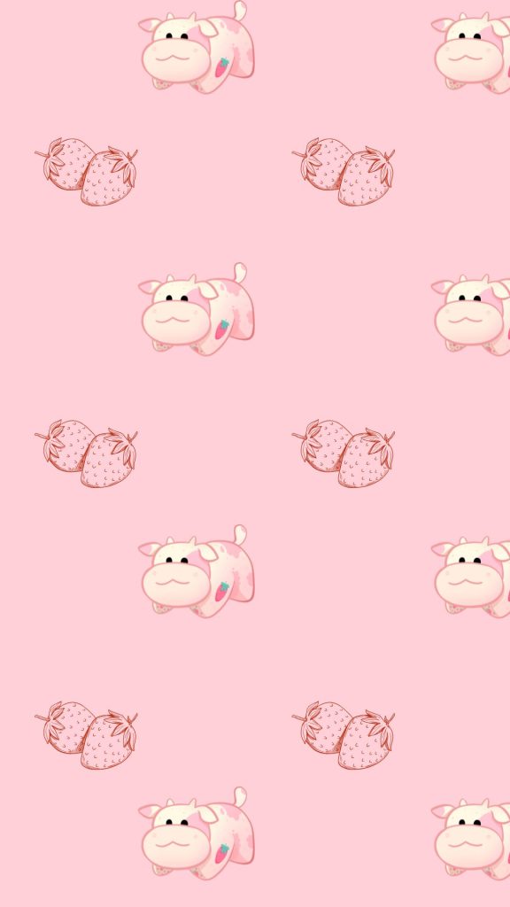 Baby strawberry cows with strawberries and peachy pink background cute strawberry cow wallpaper