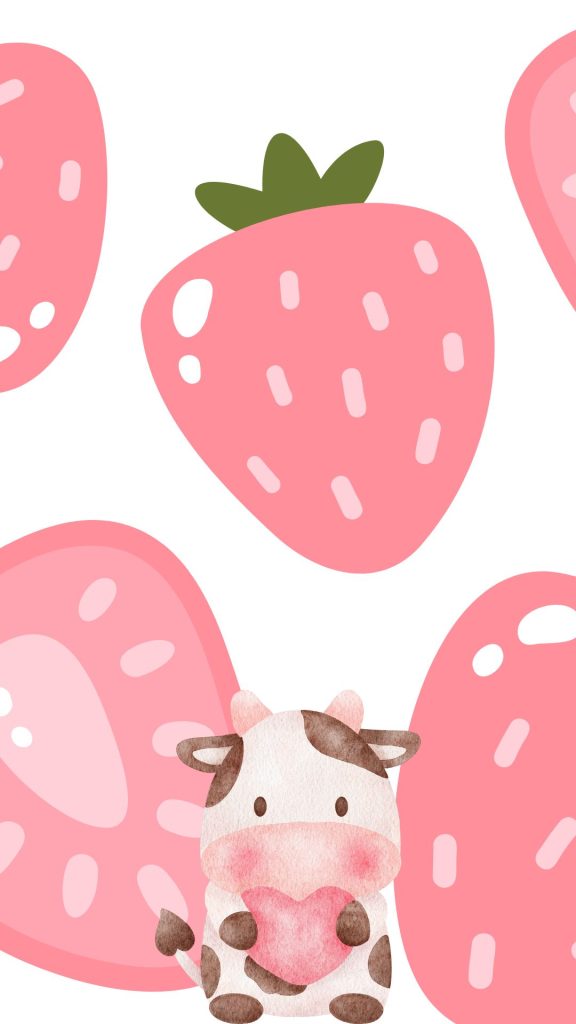 Baby strawberry cow holding heart with strawberry background cute strawberry cow wallpaper