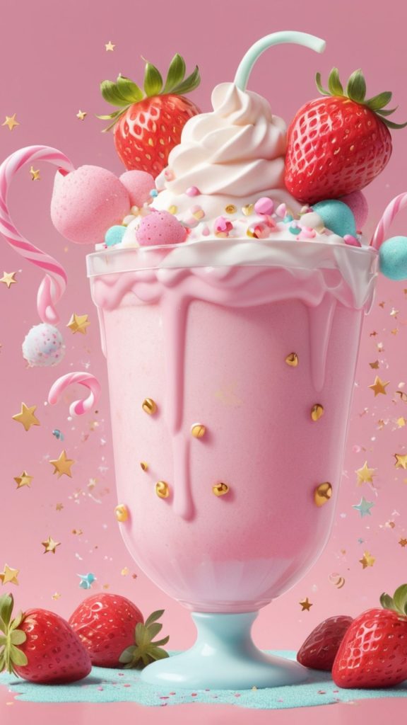 Candy theme milkshake glass with strawberries & cream and candies Kawaii Strawberry Wallpaper