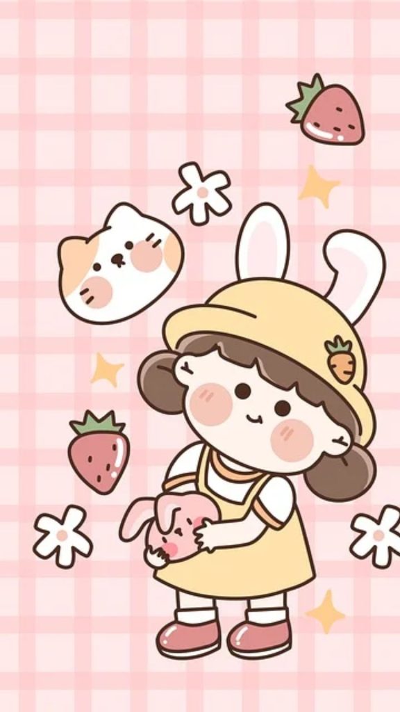 Check background with cute doll and strawberries background strawberry shortcake cartoon wallpaper