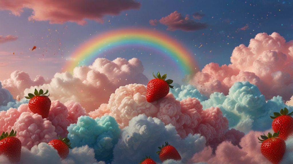 Colorful clouds with strawberries and rainbow in sky Strawberry desktop wallpapers