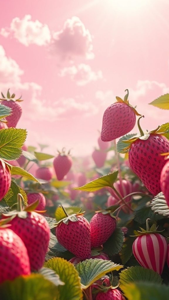 Cloudy strawberry garden pink strawberry wallpaper