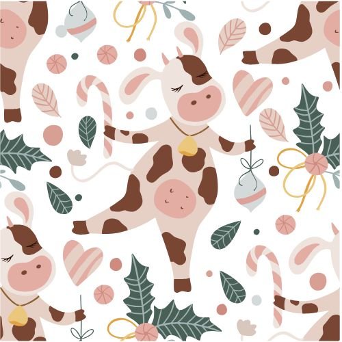 Colorful seamless pattern depicting a cow