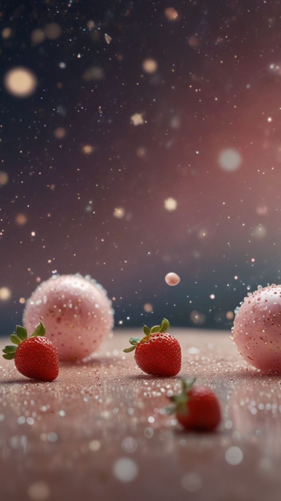 Cream kawii balls with strawberries and magical themed background Kawaii Strawberry Wallpaper