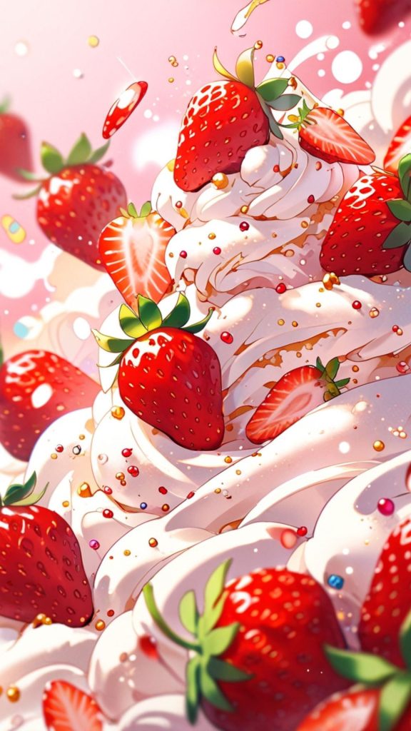 Cream with strawberries and decorations Kawaii Strawberry Wallpaper