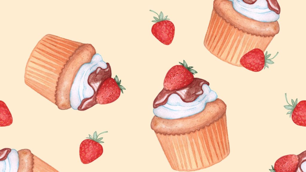 Cupcake with cream and strawberries with light yellow background strawberry desktop wallpaper