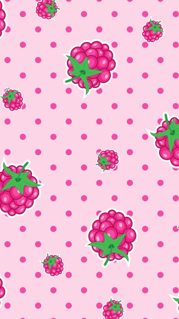 Cute and sweet raspberry with baby pink background with polka dots aesthetic strawberry wallpaper