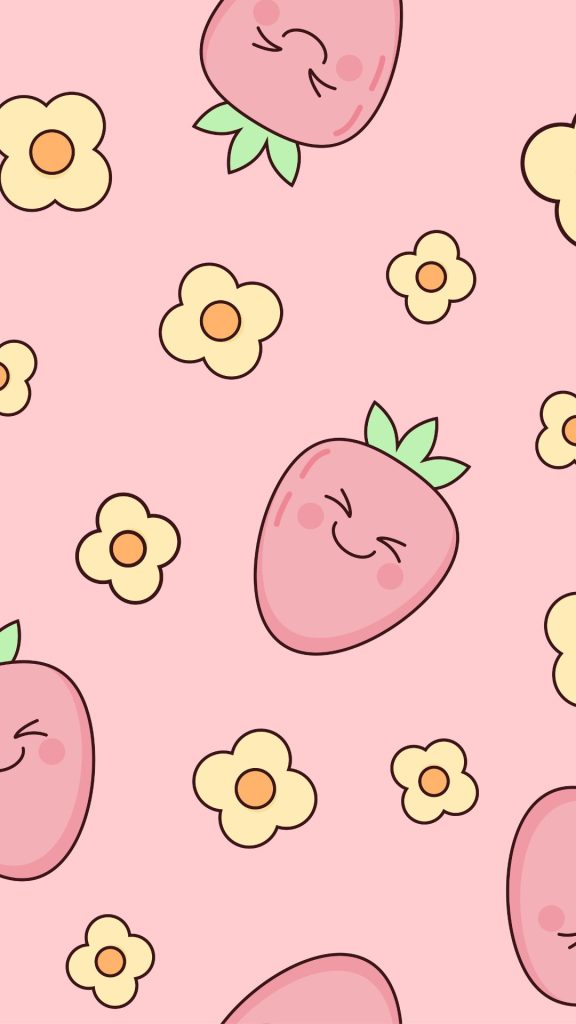 Cute baby pink kawaii strawberries with kawaii flowers on baby pink background aesthetic strawberry wallpaper