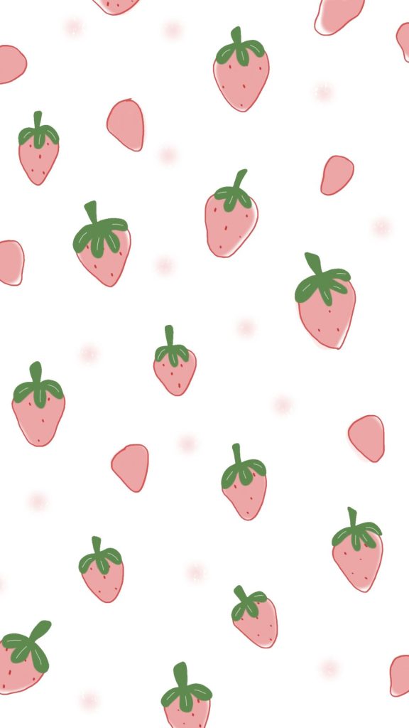 Cute baby pink strawberries on white background with pink polka dots aesthetic strawberry wallpaper