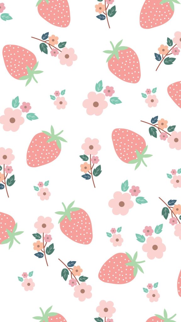 Cute baby pink strawberries with different flowers on white background aesthetic strawberry wallpaper
