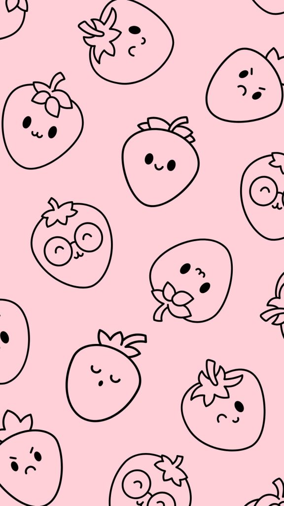 Cute black kawii strawberries on pink background Kawaii Strawberry Wallpaper