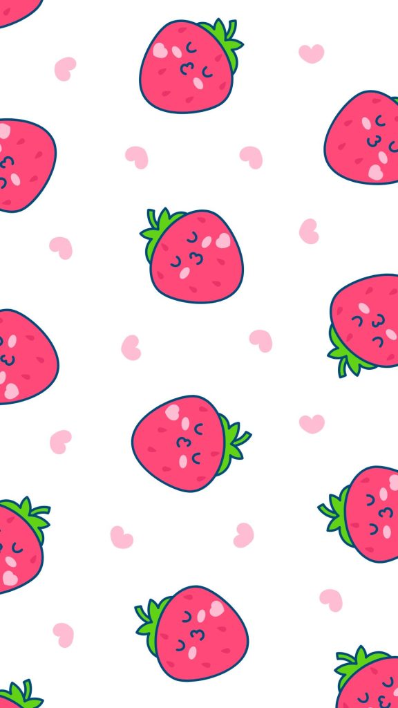 Cute dark pink strawberries with pink hearts and white background Kawaii Strawberry Wallpaper