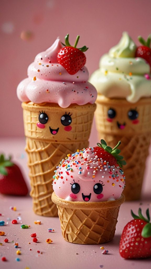 Cute kawii ice cream cone with strawberries Kawaii Strawberry Wallpaper