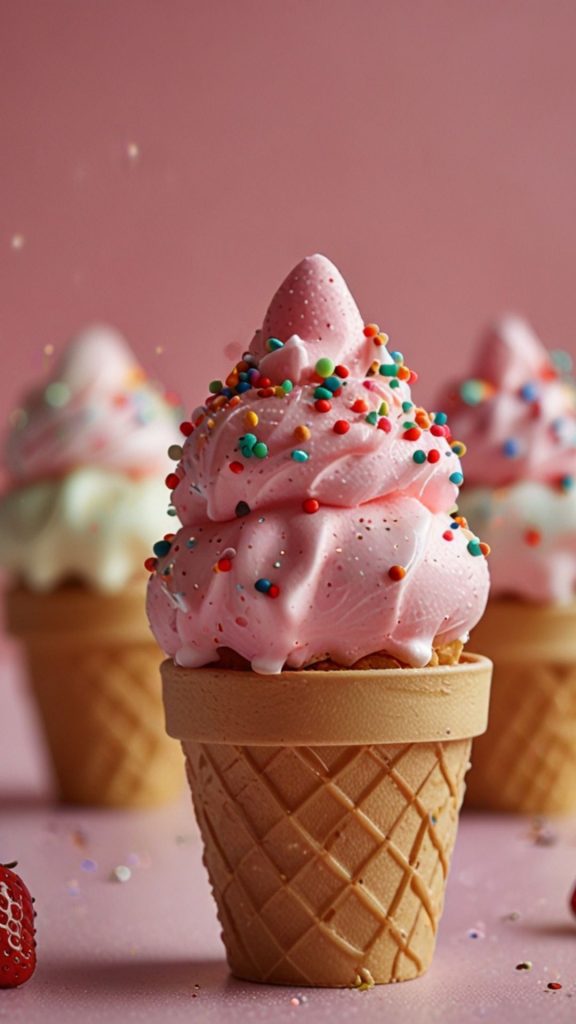 Cute kawii strawberry ice cream cones with teal pink background Kawaii Strawberry Wallpaper