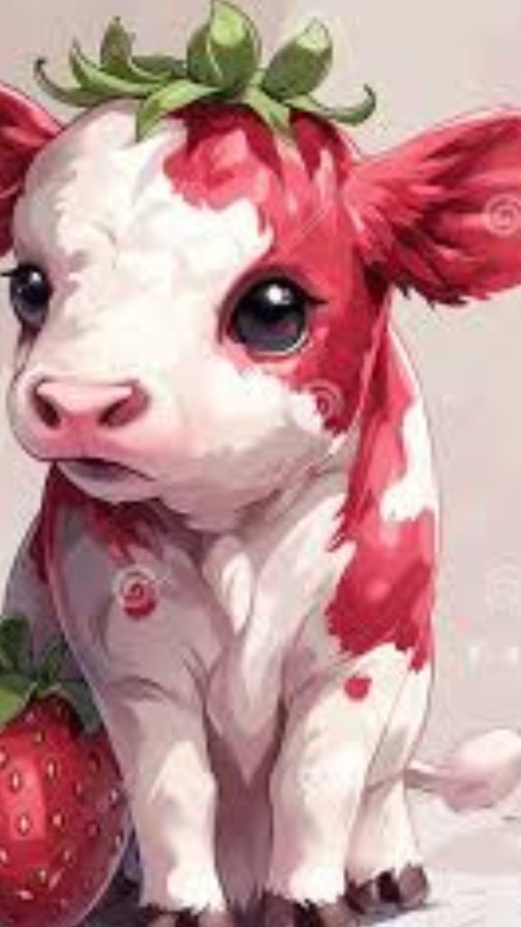 Cute little baby strawberry cow with strawberries Cute strawberry cow wallpapers